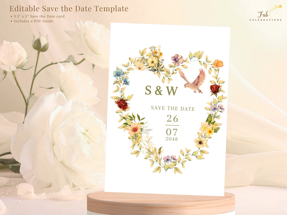 Editable romantic Save the Date Card displayed with a floral heart, doves, and sample wedding date, with a design preview highlighting the customizable Canva wedding stationery template.