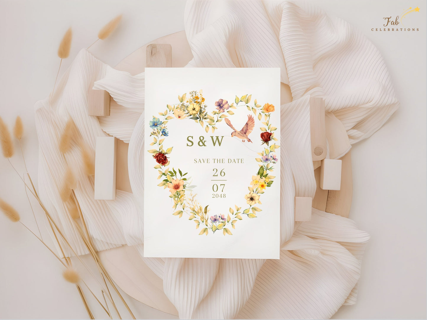 Printable Romantic Save the Date featuring delicate watercolor florals, graceful pink dove illustration and timeless botanical elegance for unforgettable wedding announcements.