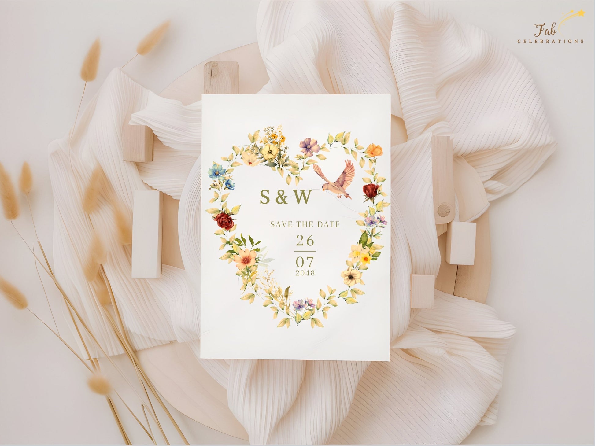 Printable Romantic Save the Date featuring delicate watercolor florals, graceful pink dove illustration and timeless botanical elegance for unforgettable wedding announcements.