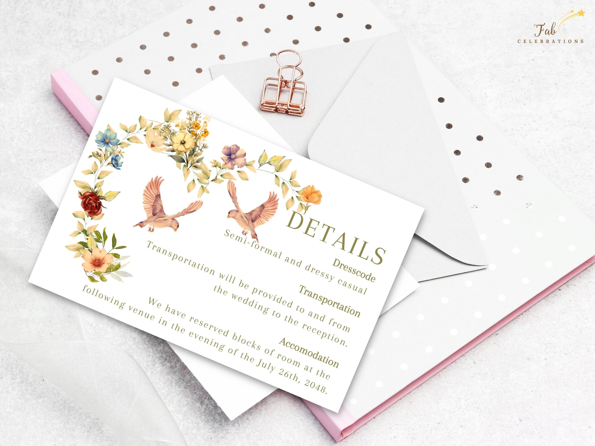 Editable Romantic Wedding Information Card with soft watercolor florals, botanical greenery and graceful dove illustrations creating timeless printable Canva wedding stationery.