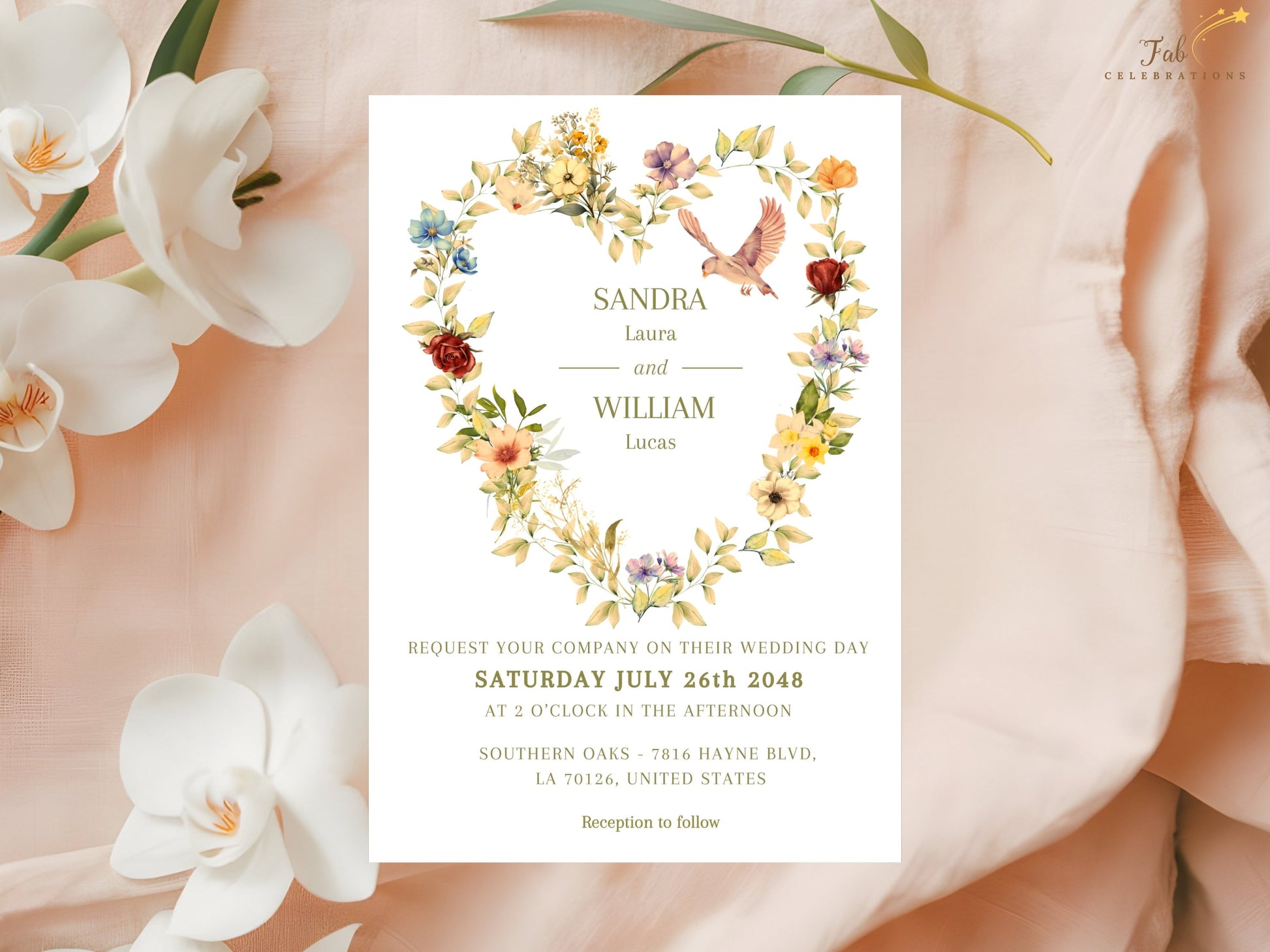 Printable romantic wedding invitation featuring watercolor-inspired botanical flowers, floral heart artwork and timeless French-inspired elegance for unforgettable wedding celebrations.