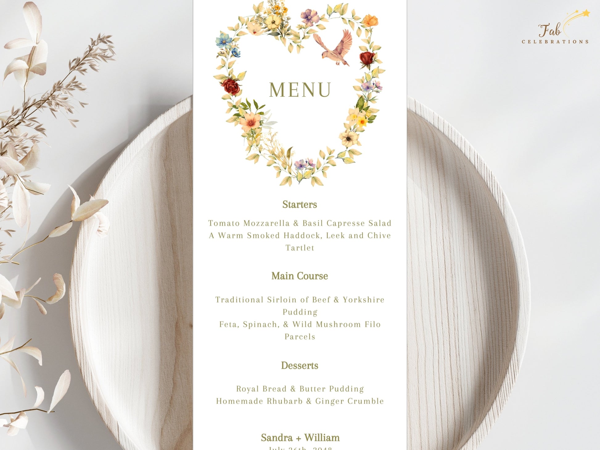 Romantic Wedding Menu Template featuring a watercolor-inspired floral heart wreath, graceful dove illustration, soft beige background and editable Canva design for elegant wedding receptions.