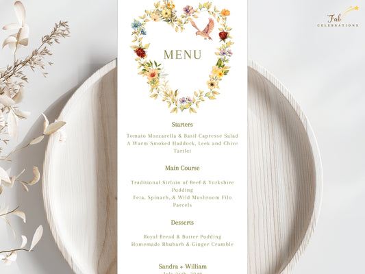 Romantic Wedding Menu Template featuring a watercolor-inspired floral heart wreath, graceful dove illustration, soft beige background and editable Canva design for elegant wedding receptions.