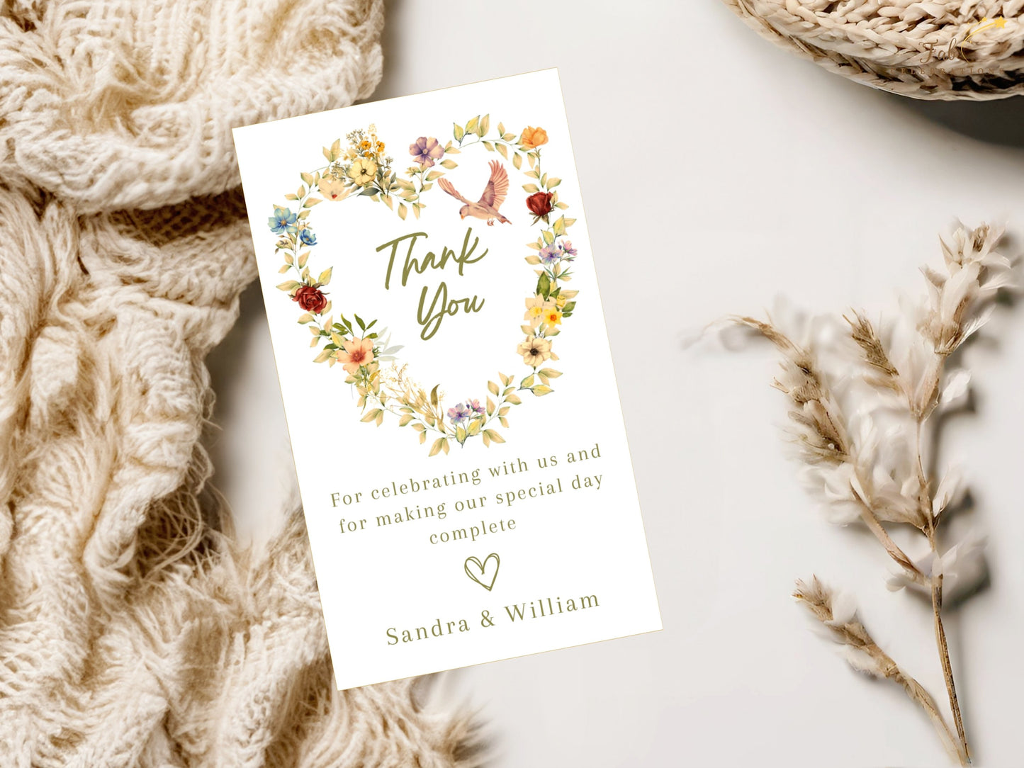 Printable Romantic Wedding Thank You Card featuring watercolor-inspired botanical artwork, floral heart composition and editable Canva design for beautifully coordinated wedding stationery.