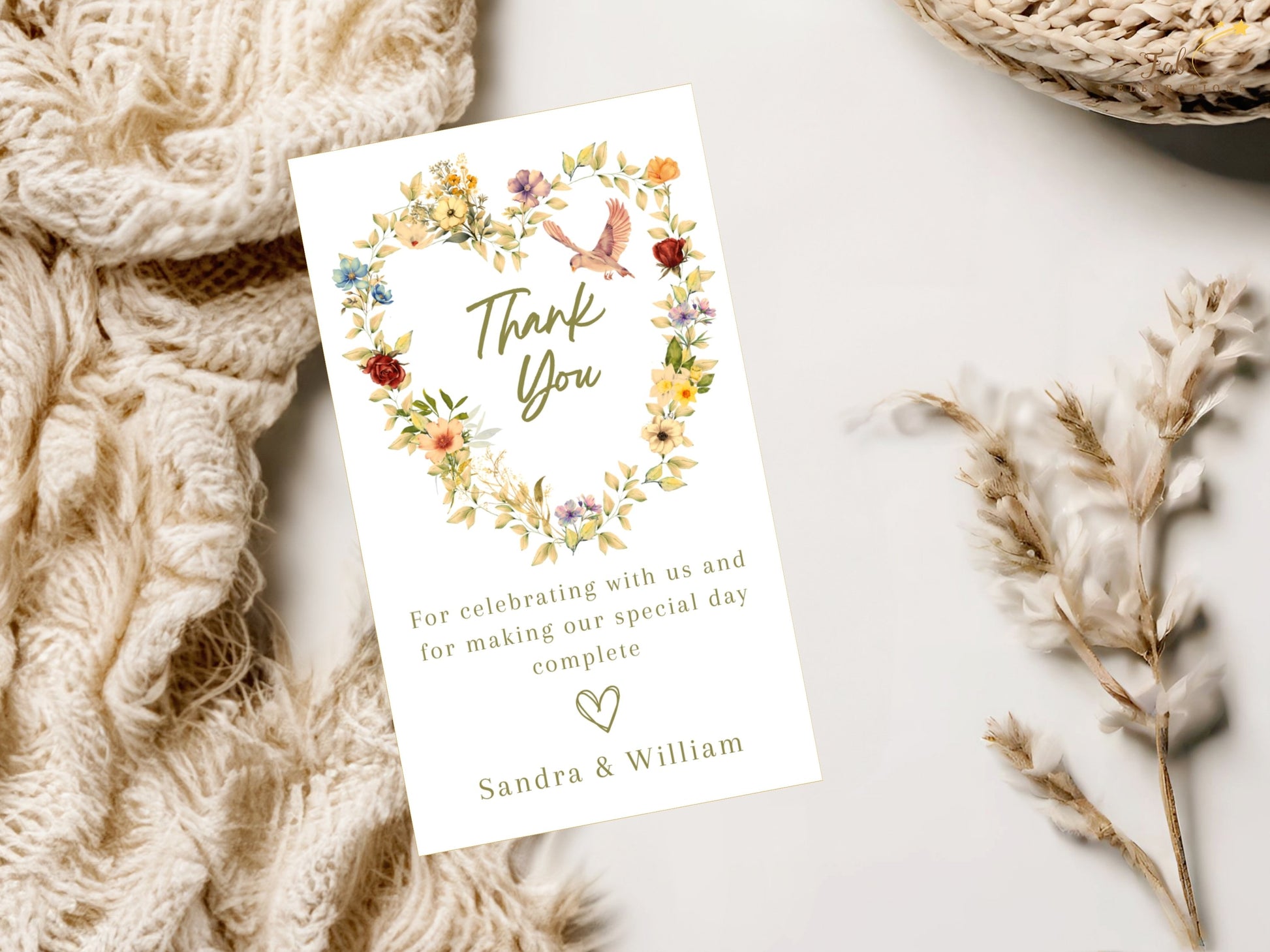 Printable Romantic Wedding Thank You Card featuring watercolor-inspired botanical artwork, floral heart composition and editable Canva design for beautifully coordinated wedding stationery.