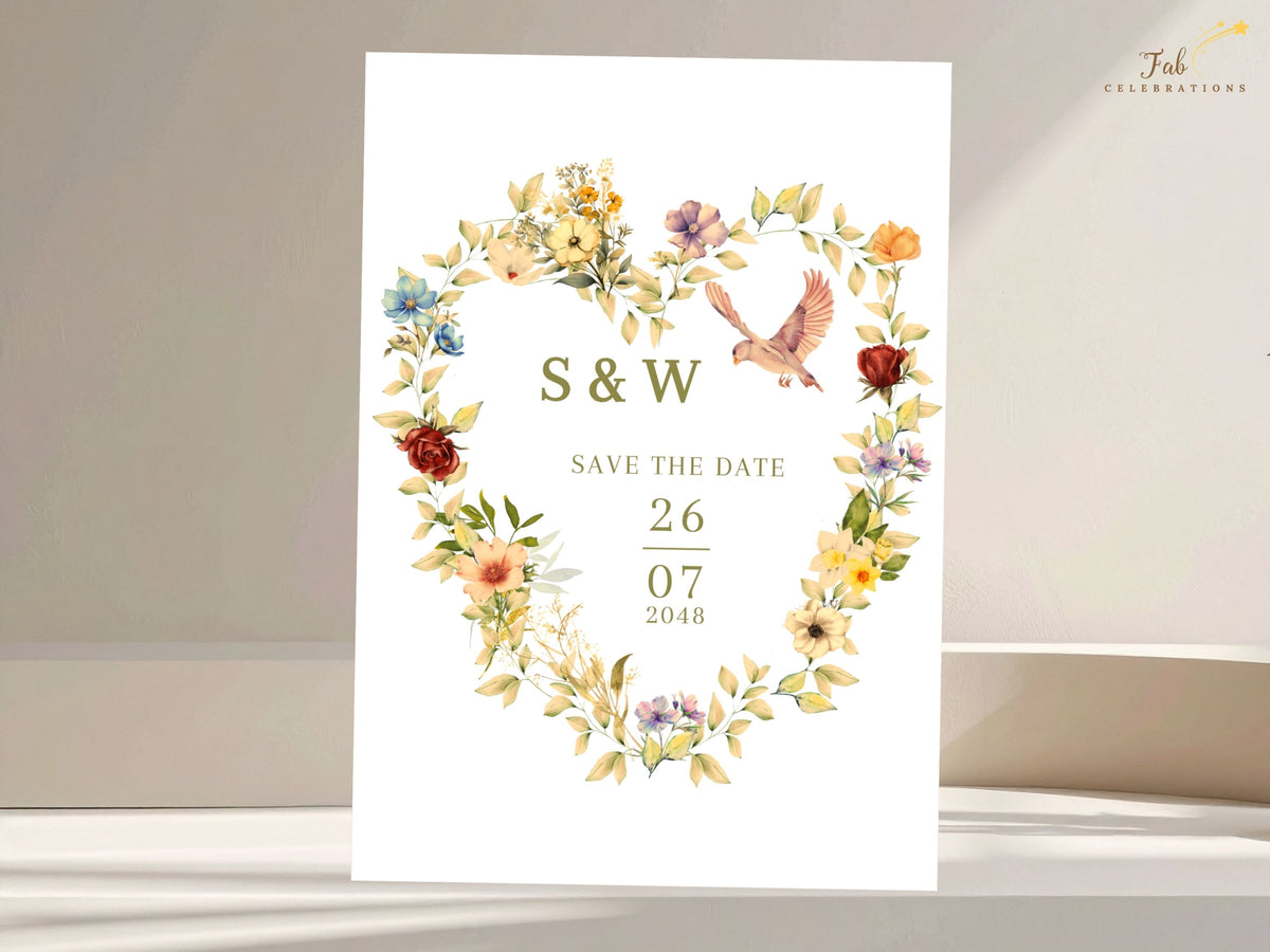 Elegant wedding Save the Date Card with a heart of soft floral illustrations, two doves near the top, and centered couple initials and date that can be easily personalized in Canva.