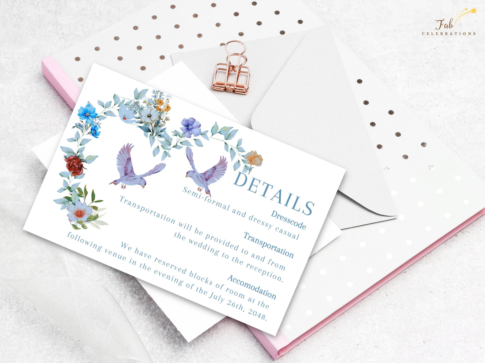 Romantic wedding details card featuring a blue floral heart wreath, peaceful dove symbolism and elegant typography for beautifully coordinated wedding stationery.
