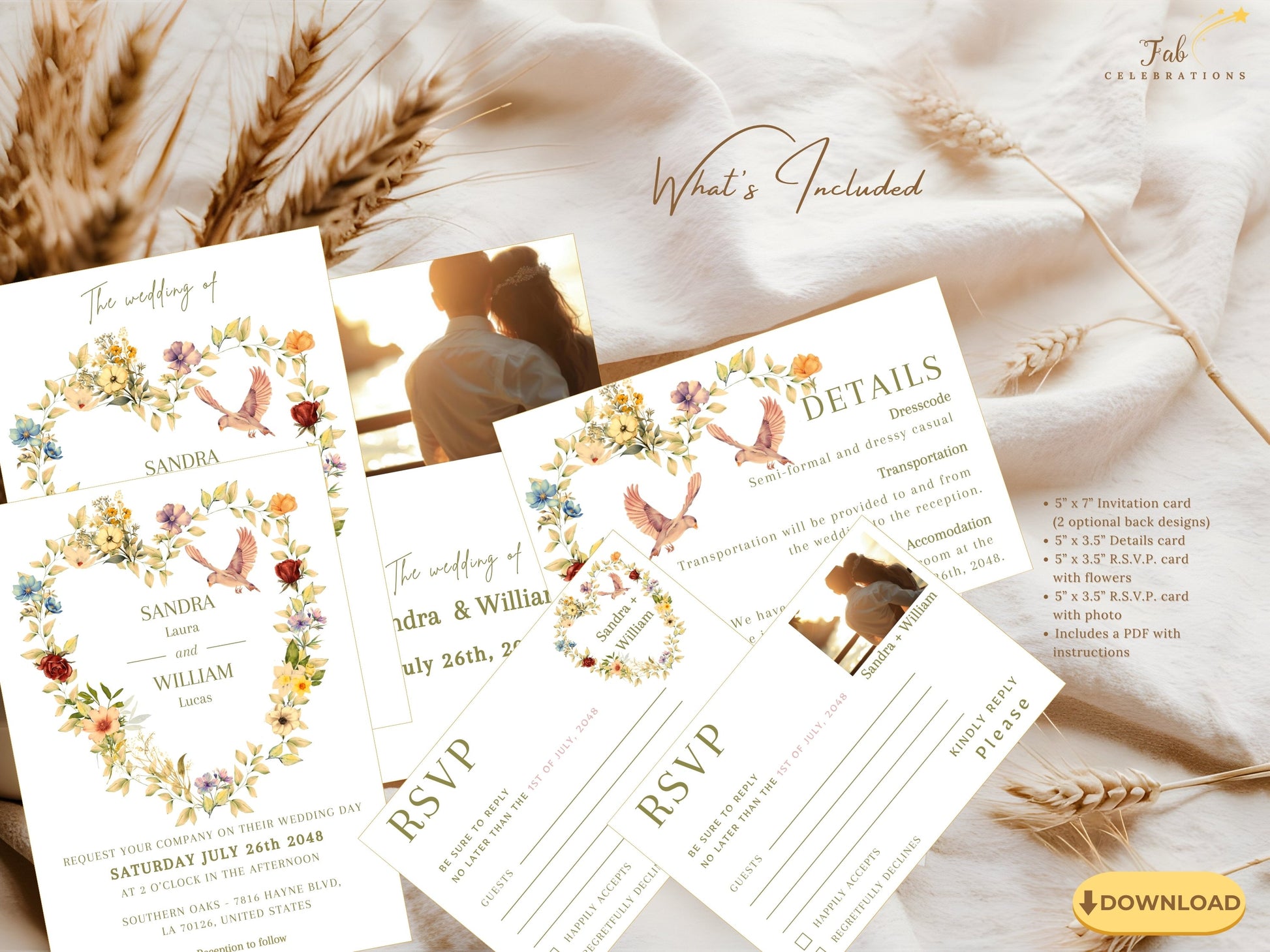 Heart shaped floral invitation set featuring a watercolor-inspired floral heart wreath, graceful dove illustration and elegant botanical artwork designed for romantic printable Canva wedding invitations.