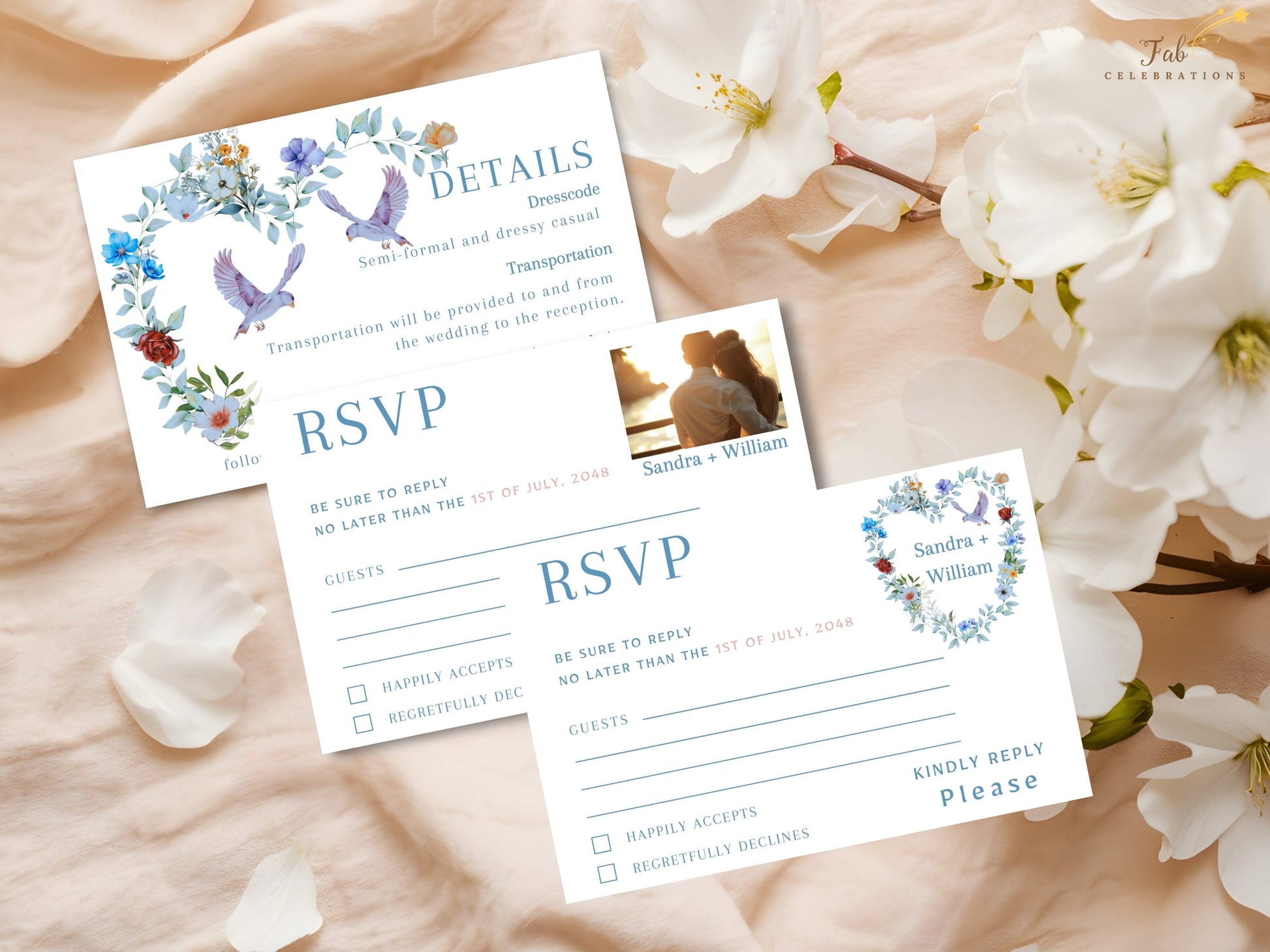 Romantic wedding stationery collection featuring dusty blue florals, elegant dove motifs and a delicate heart wreath design creating a beautifully coordinated wedding experience.