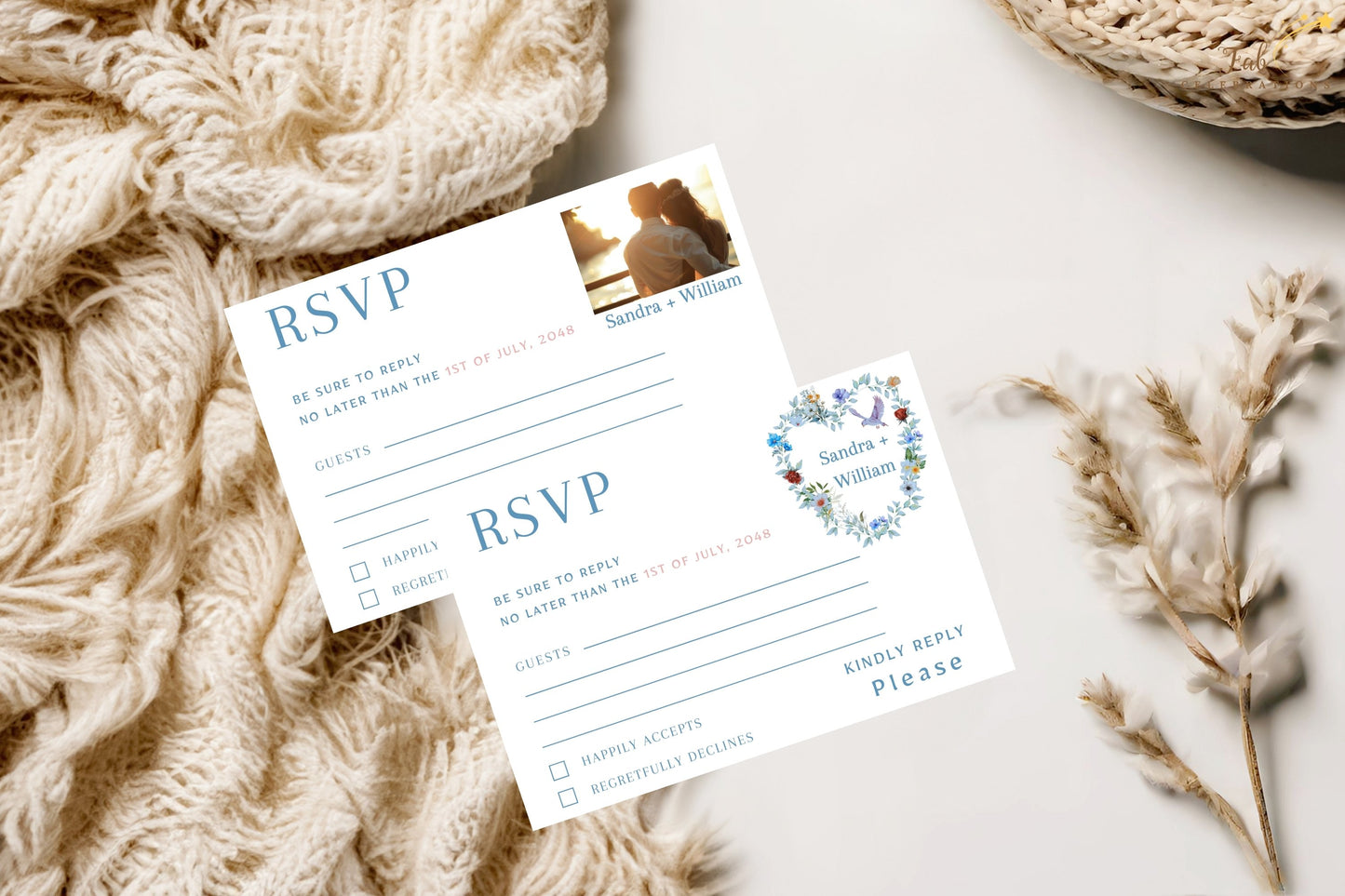Editable Elegant Boho RSVP Card set including a floral heart design and a photo layout option, perfect for creating coordinated wedding stationery with timeless charm.