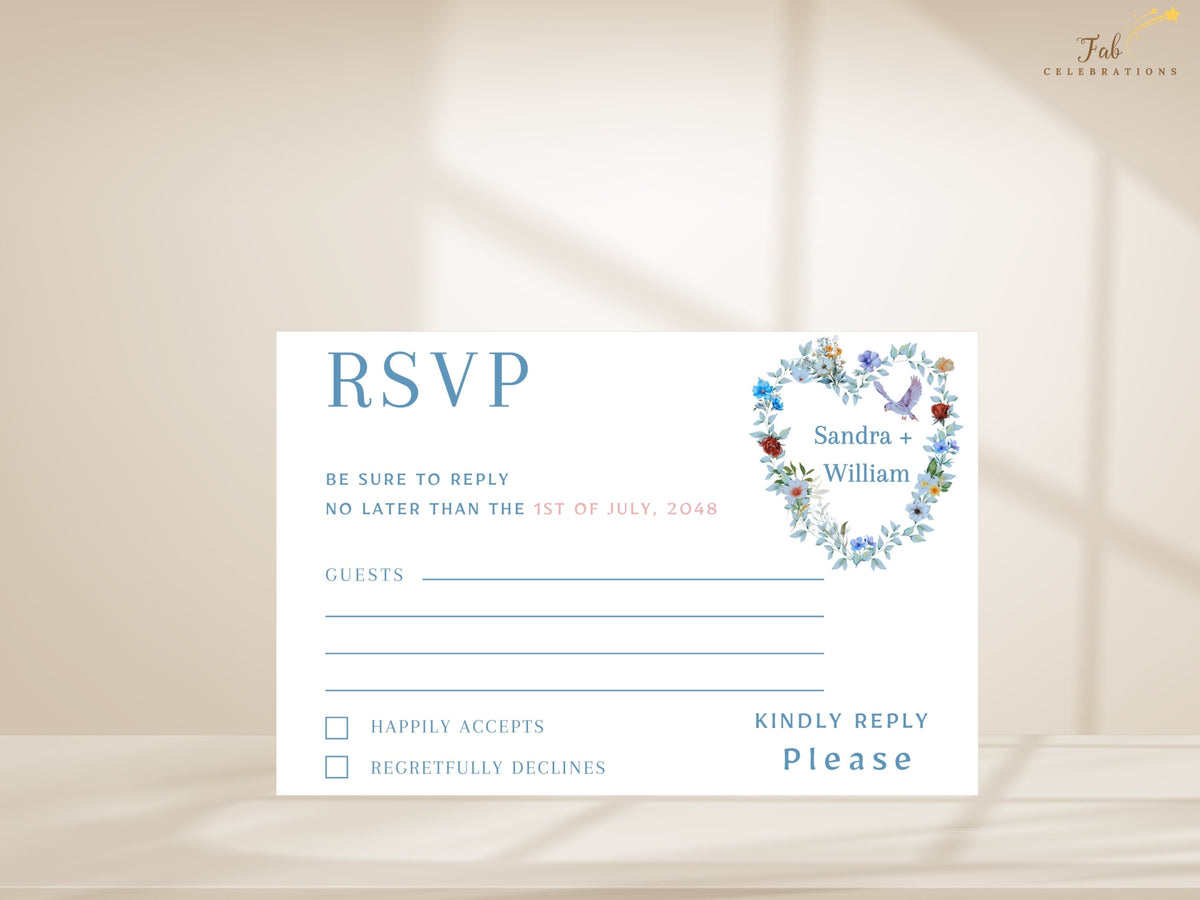 Editable wedding RSVP card featuring watercolor-inspired blue floral accents, greenery and two doves around the couple's names with clearly organized guest lines, attendance options and reply details.