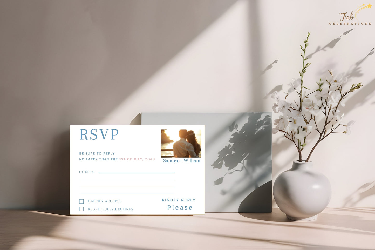 Watercolor-inspired wedding RSVP card featuring a blue floral heart design, graceful dove motif and romantic details that complement a coordinated wedding suite.
