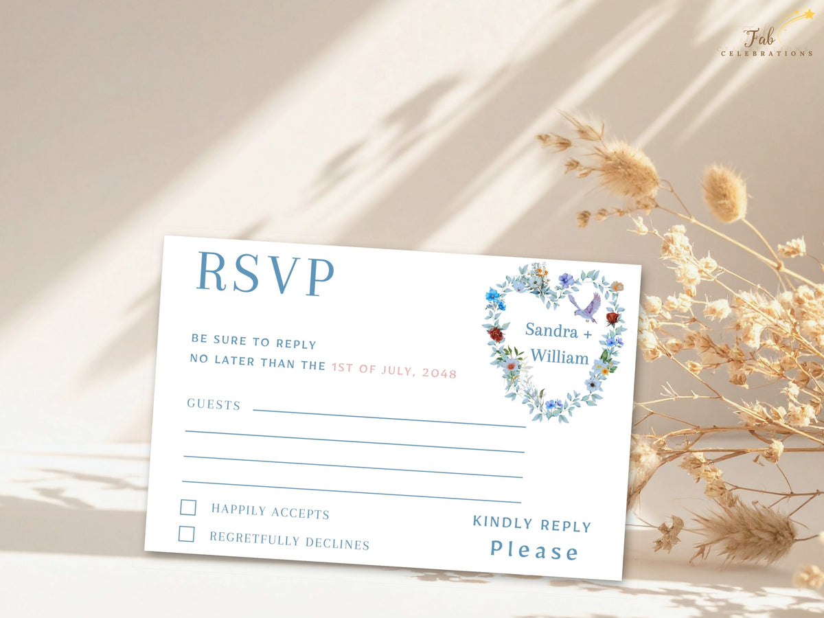 Wedding RSVP card featuring watercolor-inspired blue and ivory flowers, delicate greenery and two doves framing the couple's names above clearly organized guest response and attendance details.