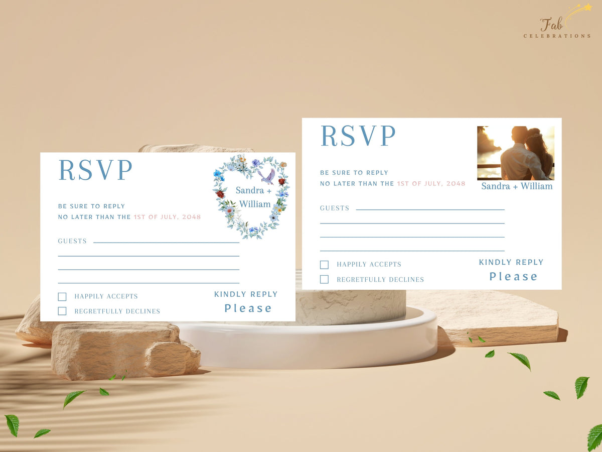 Two coordinated wedding RSVP card templates displayed together, including a watercolor-inspired floral dove response design and a matching version with a personal couple photo area.