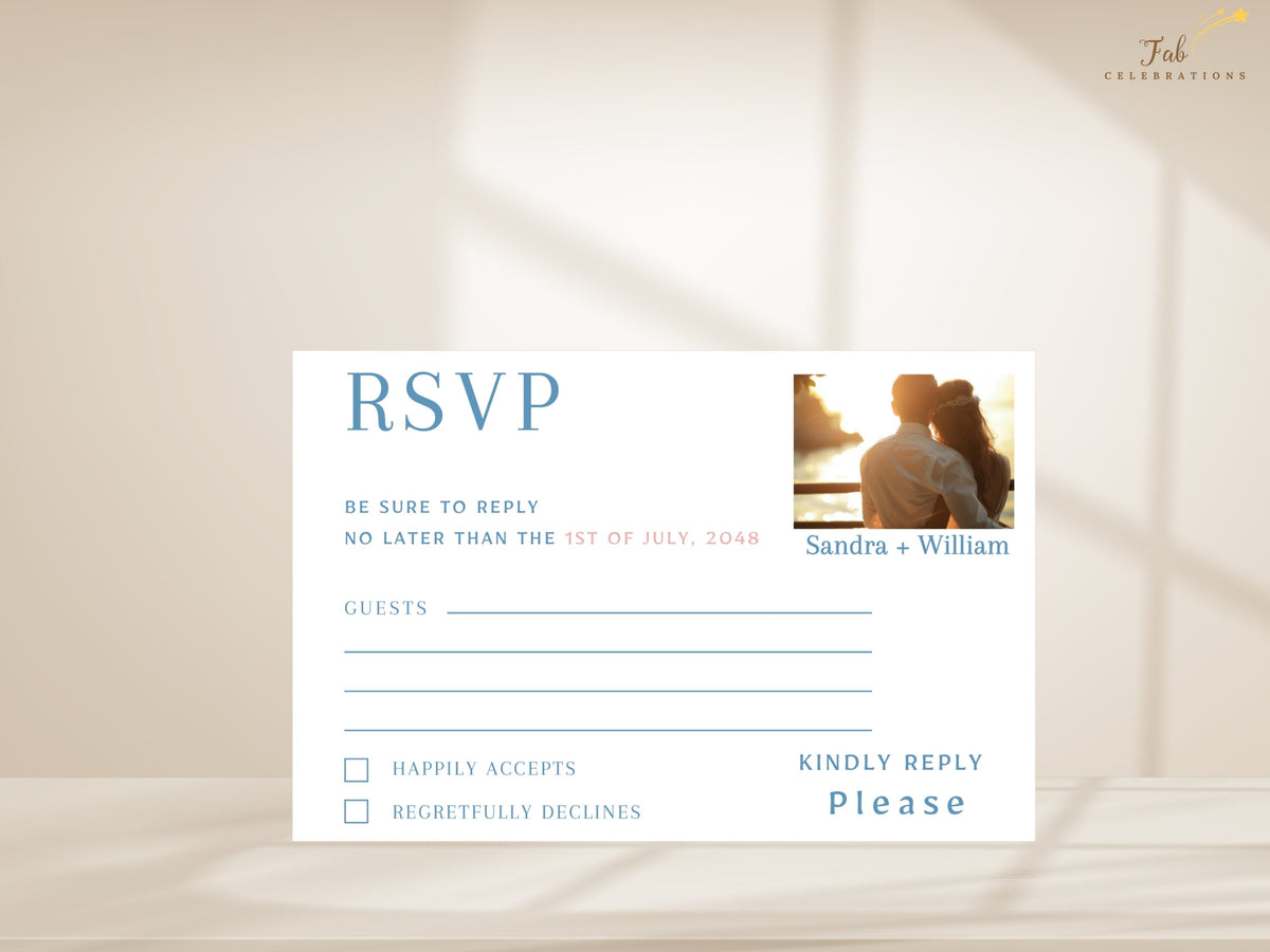 Wedding RSVP card with a personal couple photo, refined blue typography and clearly arranged response fields, providing a coordinated photo option for personalized wedding stationery.