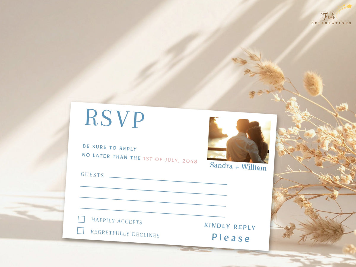 Wedding RSVP card featuring a personalized couple photo area with elegant blue typography, guest information lines, attendance choices and a reply deadline for a coordinated wedding response design.