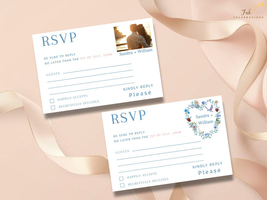 Elegant Boho RSVP Card set showing two coordinated response templates, including a classic floral dove RSVP design and a second version with a personal photo area for customized wedding stationery.
