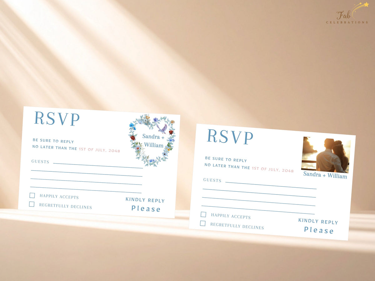 Two wedding RSVP card options presented together, pairing a watercolor-inspired floral dove design with a coordinated personalized photo layout for flexible and cohesive wedding stationery.