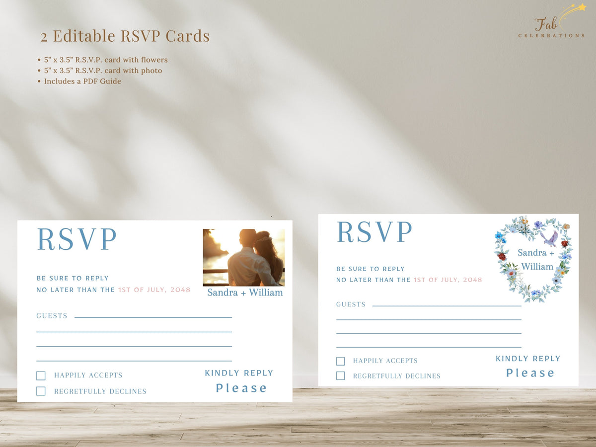 Elegant Boho RSVP Card presentation showing two editable response card options, one with watercolor-inspired floral dove artwork and one with a personalized photo area for a coordinated wedding reply set.