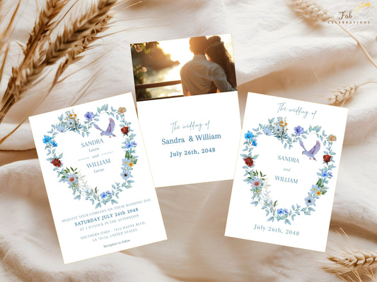 Elegant Boho Wedding Invitation featuring a watercolor-inspired blue floral heart design with a graceful dove, editable Canva template created for romantic weddings and timeless celebrations.