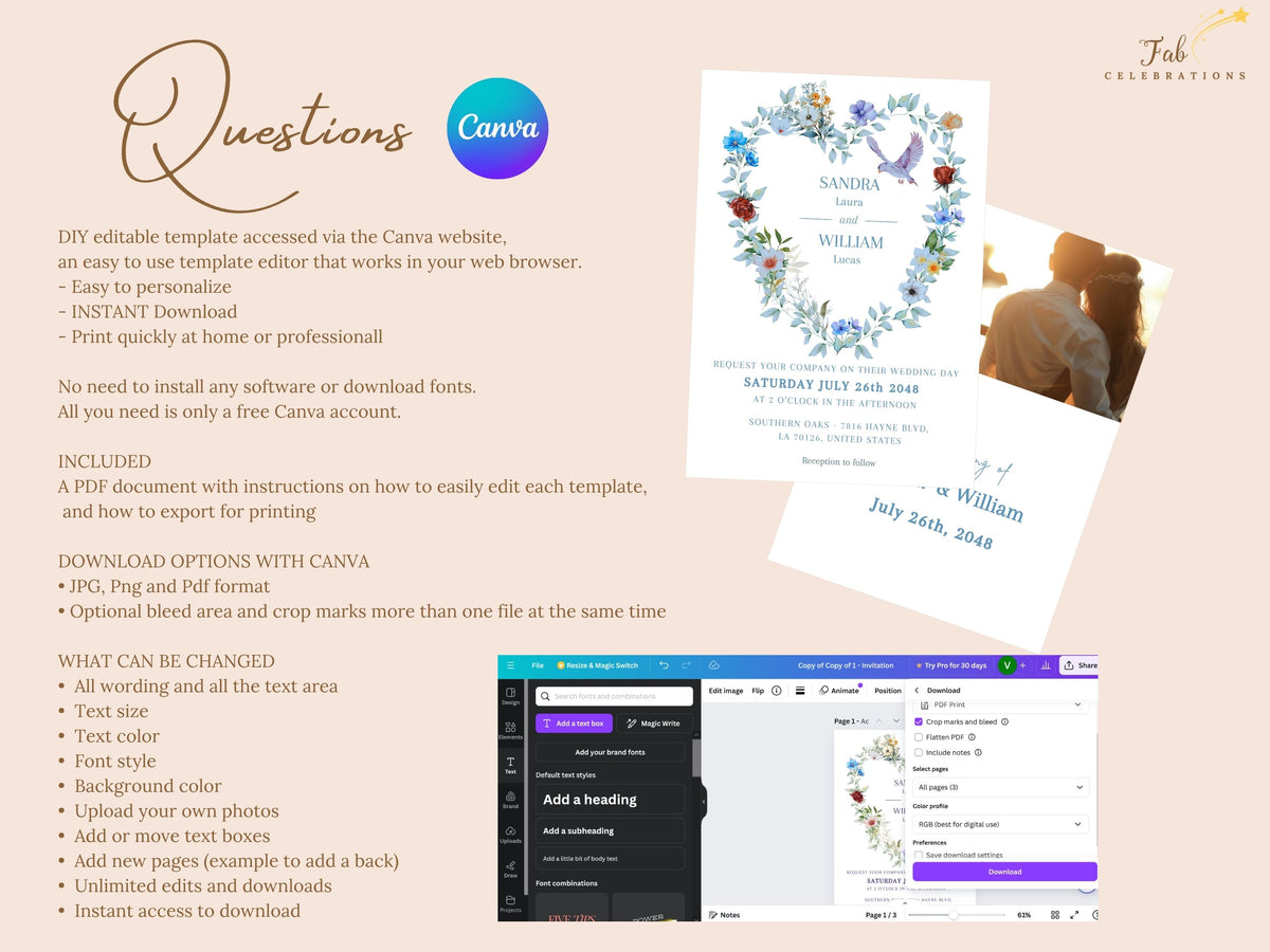 Canva wedding template help guide answering common questions about editing text, changing fonts and colors, replacing photos, downloading files, and personalizing every card with ease.