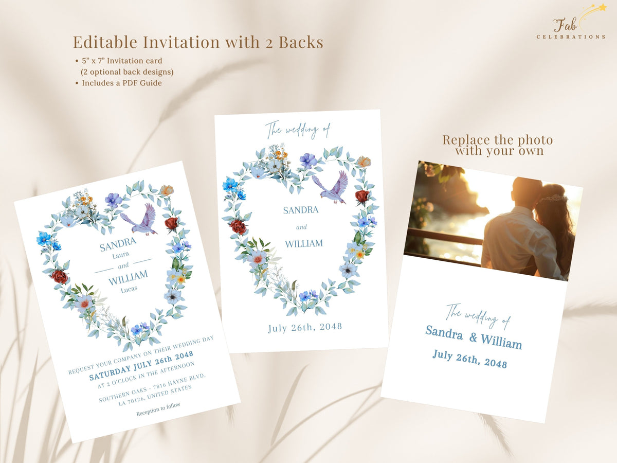 Elegant Boho Wedding Invitation presentation showing the editable invitation with two coordinated back options, including a text design and personalized photo layout with watercolor-inspired floral dove details.
