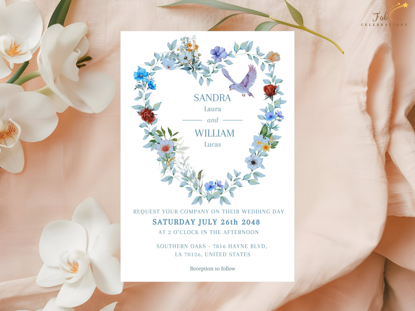 Printable wedding invitation card featuring a blue floral heart wreath surrounding the text and a graceful dove symbolizing peace, unity and everlasting love.