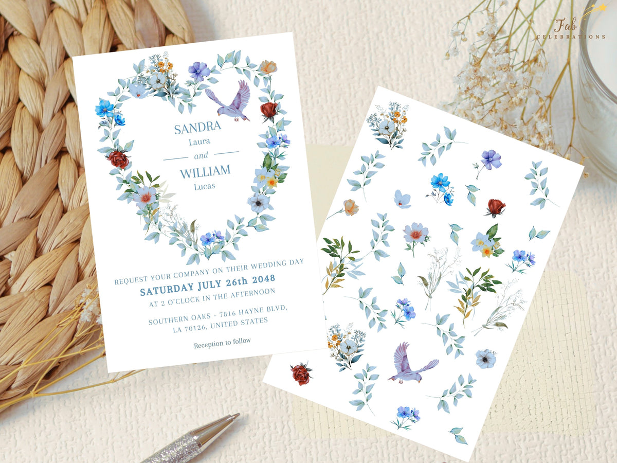 Wedding invitation front displayed beside the watercolor-inspired floral element sheet used to create the design, featuring coordinated blue flowers, greenery, botanical accents and dove illustrations.