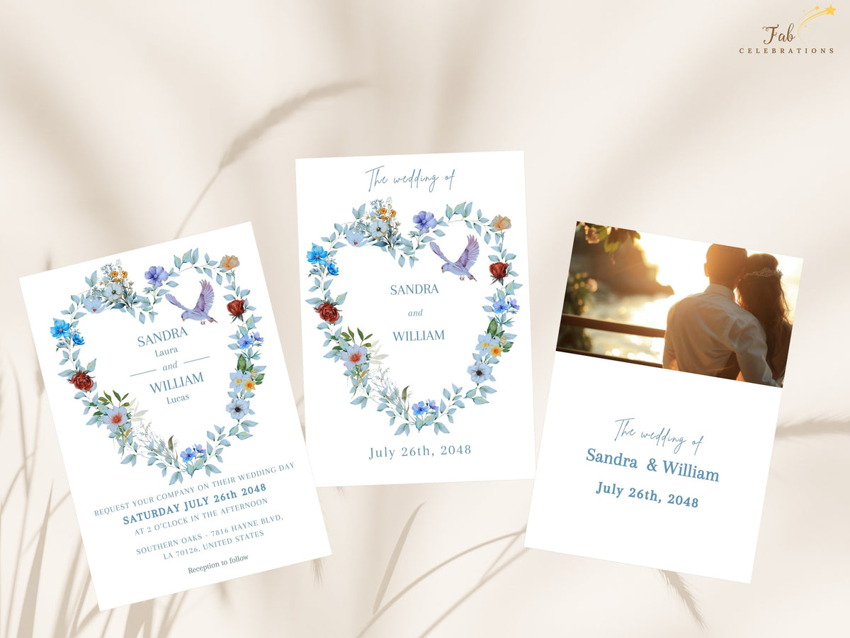Elegant Boho Wedding Invitation shown as a coordinated three-card design with the invitation front, text back and personalized photo back, all featuring matching floral dove styling.