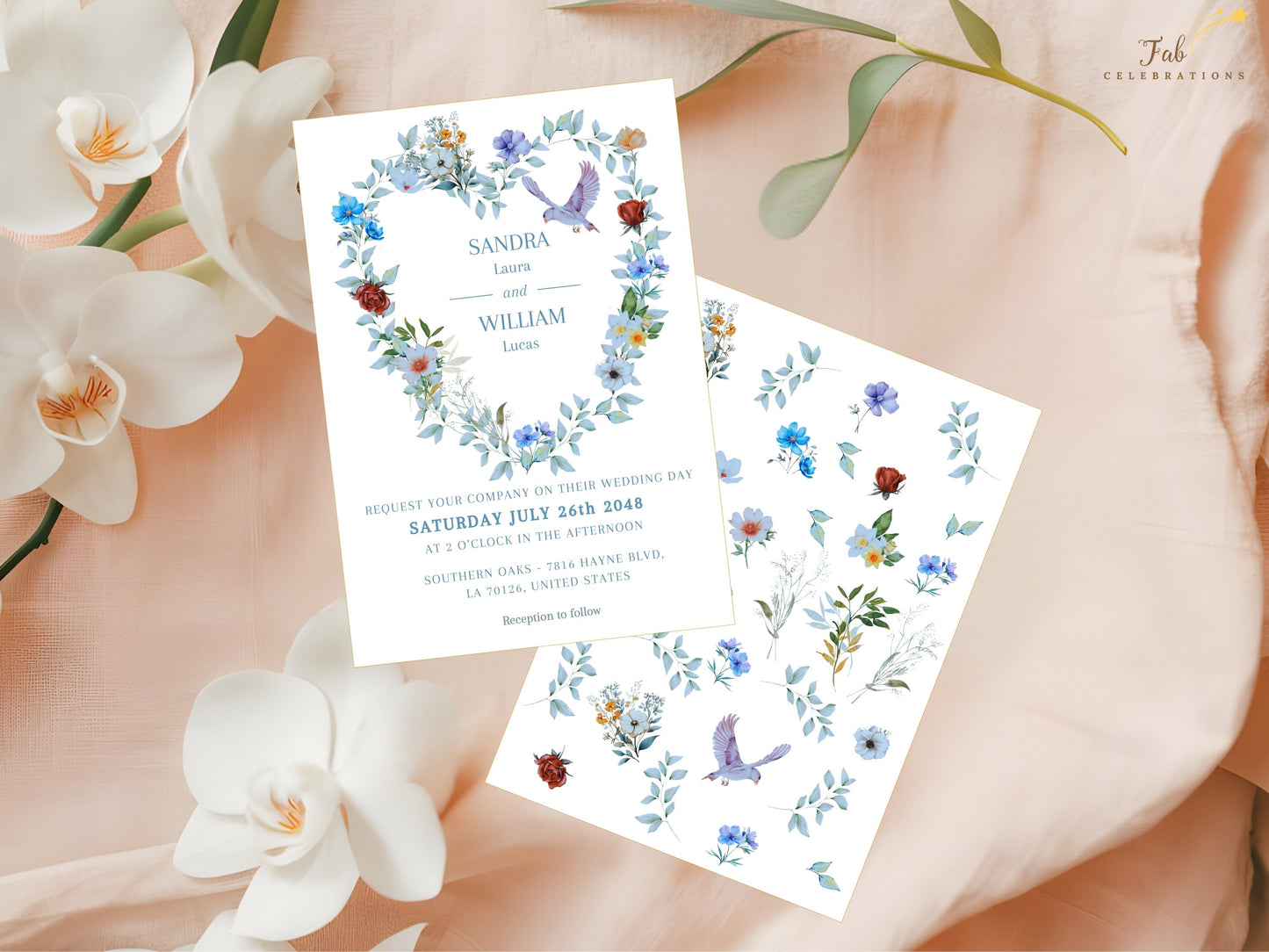 Romantic wedding invitation template featuring a delicate blue floral heart, peaceful dove illustration and refined boho styling for elegant wedding celebrations.