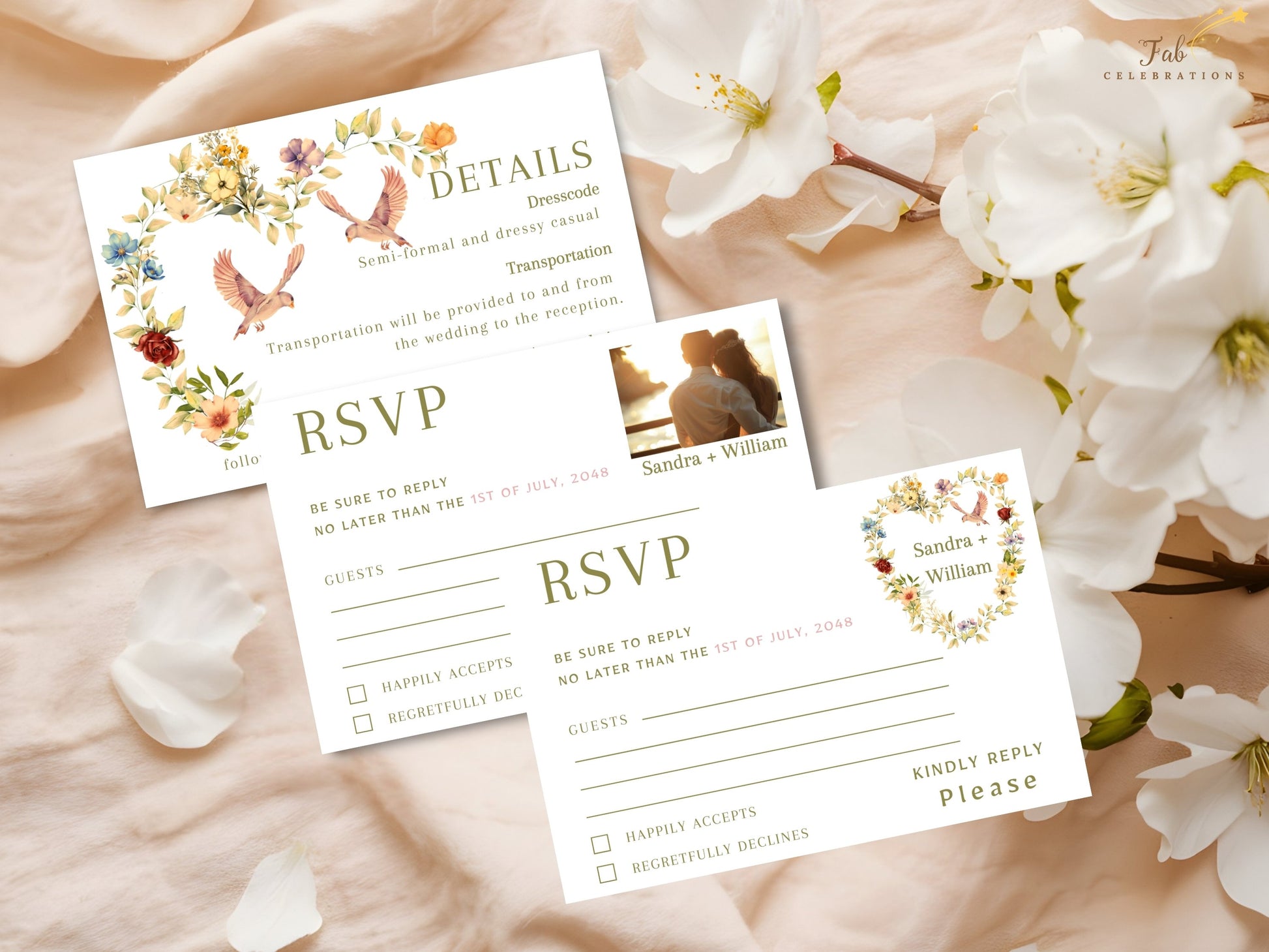 Botanical wedding invitation suite with delicate watercolor flowers, elegant floral heart wreath and coordinated Canva templates designed for timeless countryside wedding stationery.