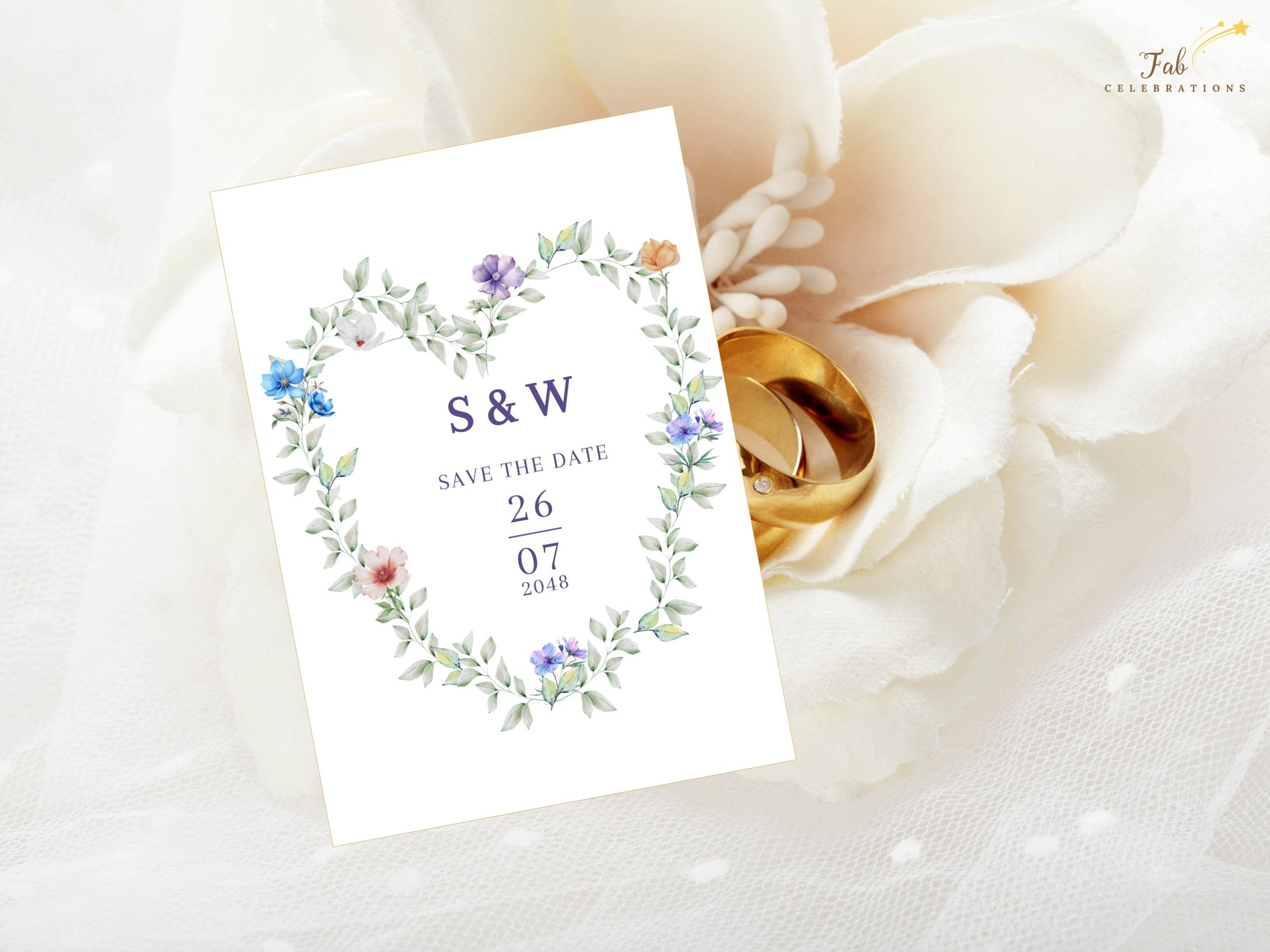 Elegant Garden Save the Date Card editable wedding stationery featuring pastel lavender, blue and peach flowers arranged in a graceful heart design.