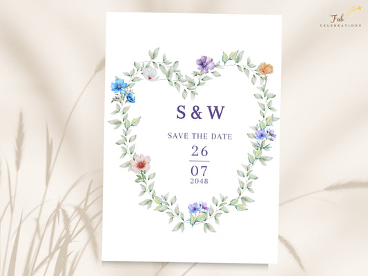 Elegant Garden Save the Date Card featuring a watercolor-inspired heart-shaped wreath of airy green foliage and delicate blue, purple, white, peach and pink flowers surrounding elegant purple initials and wedding date.