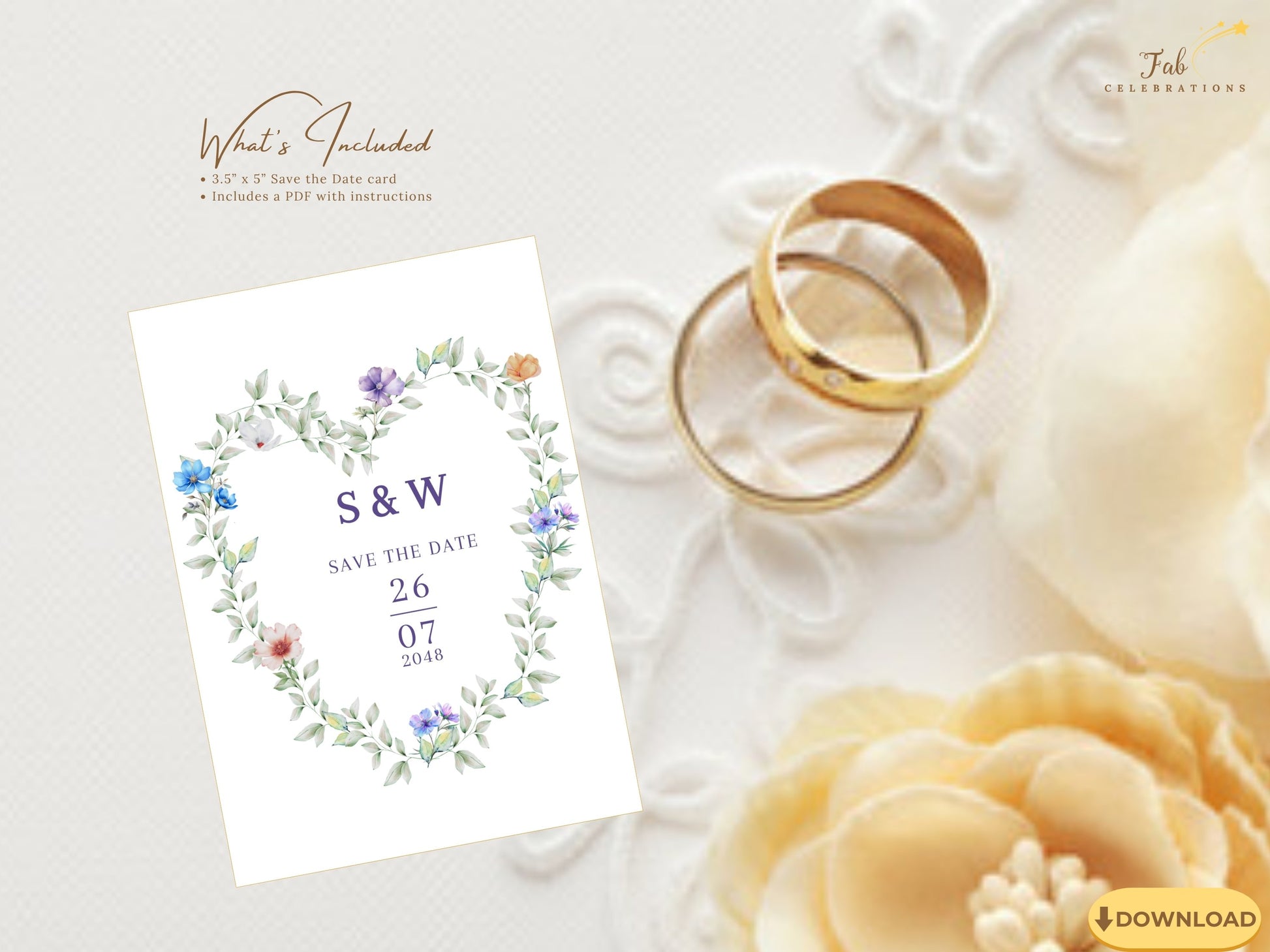 Elegant Garden Save the Date Card printable wedding announcement template with delicate watercolor-inspired flowers and elegant botanical details for couples.
