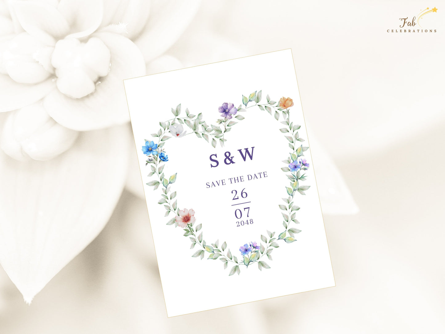 Elegant Garden Save the Date Card editable Canva template featuring a romantic heart-shaped floral wreath with pastel flowers and greenery for wedding announcements.