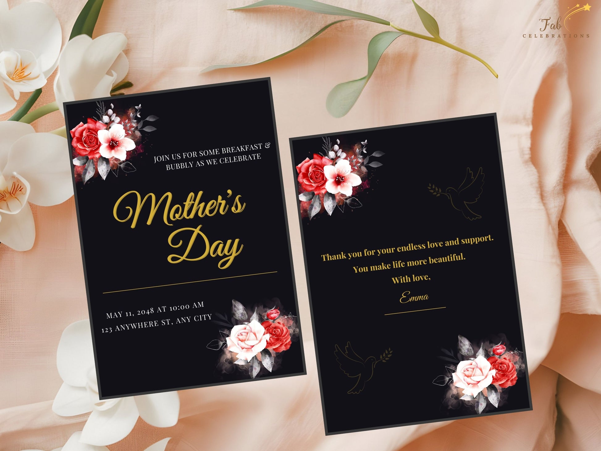 Elegant Mother’s Day Card Printable alternative back layout featuring a tender mother and child illustration that can be replaced with your own photo for a deeply personal touch.