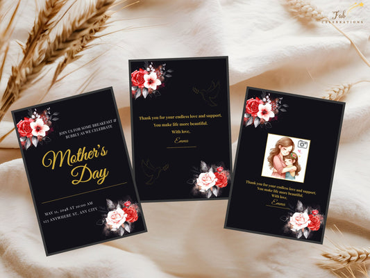 Elegant Mother’s Day Card Printable featuring dramatic black background, radiant gold typography, and delicate red and white watercolor-inspired rose florals for a refined and heartfelt celebration.