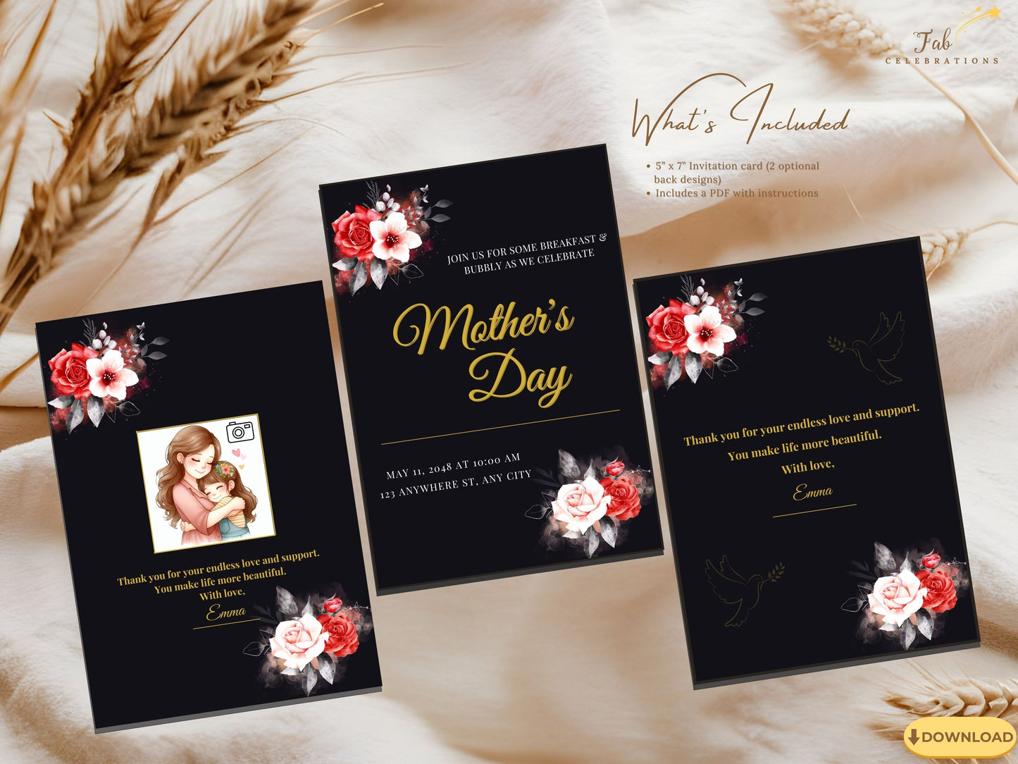 Elegant Mother’s Day Card Printable back option featuring a poetic golden message with graceful dove illustrations symbolizing peace, unity, warmth, and maternal love.