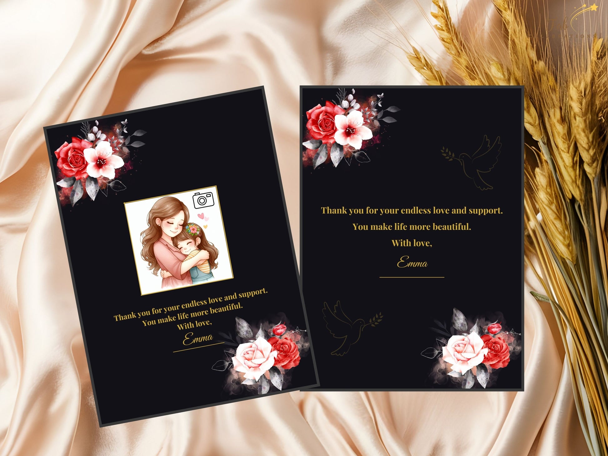 Elegant Mother’s Day Card Printable close-up detail highlighting watercolor-inspired rose artwork, radiant gold typography, and luxurious black background in high-resolution printable quality.
