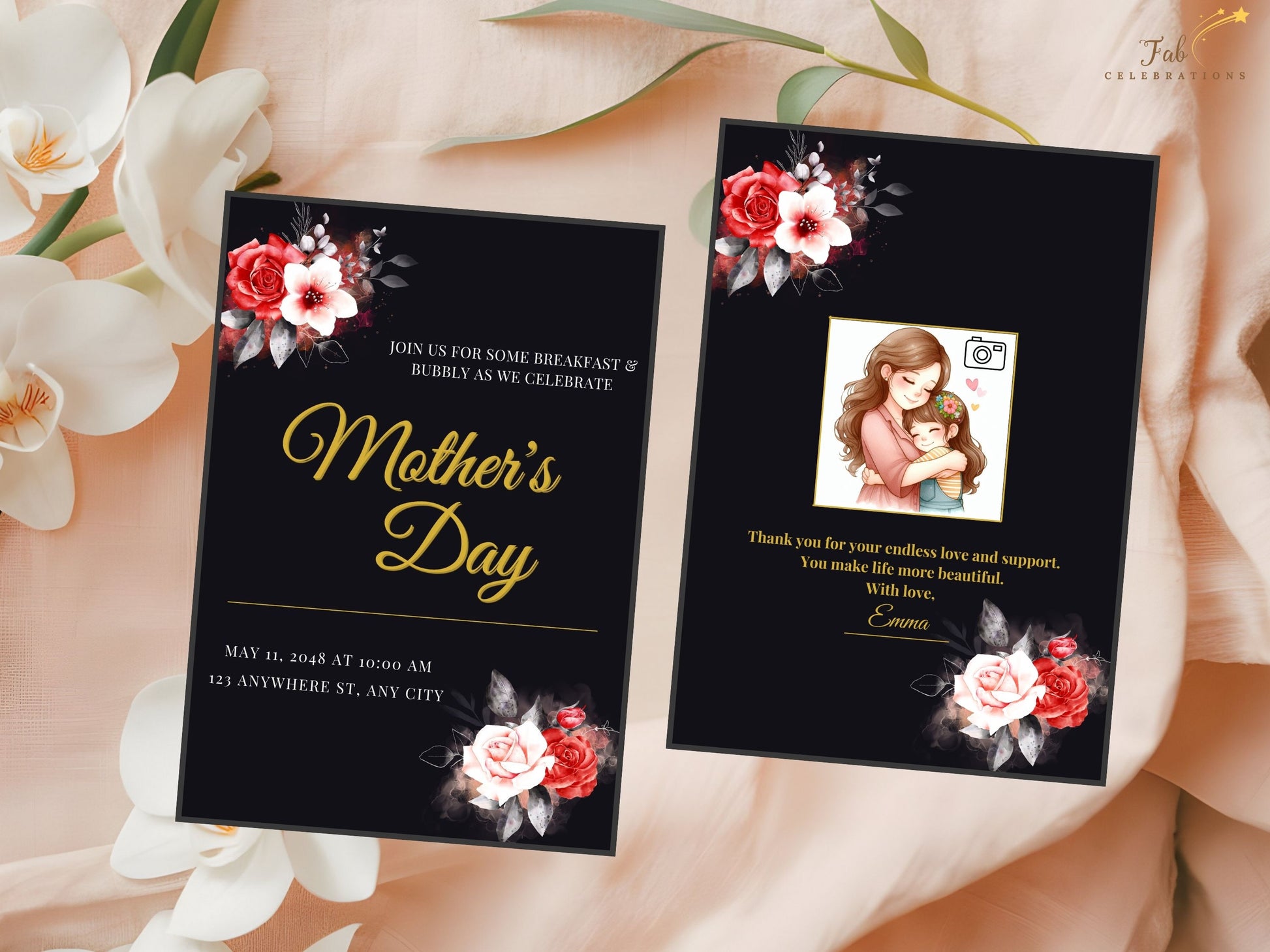Elegant Mother’s Day Card Printable front design showcasing romantic red and white roses on a deep black backdrop enhanced with luminous gold accents and timeless floral elegance.