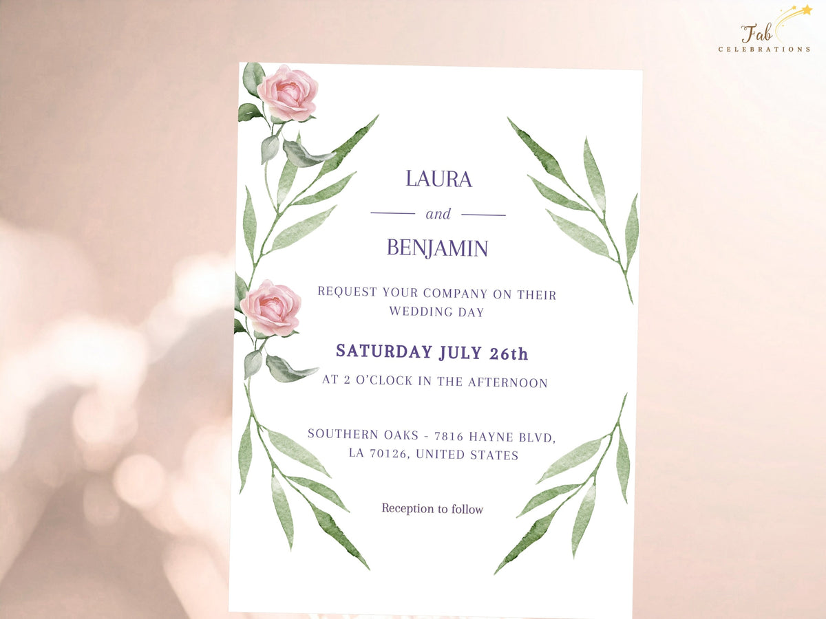 Wedding invitation front framed by watercolor-inspired pink roses and airy green foliage, with refined purple serif typography presenting the couple's names, date and ceremony details.