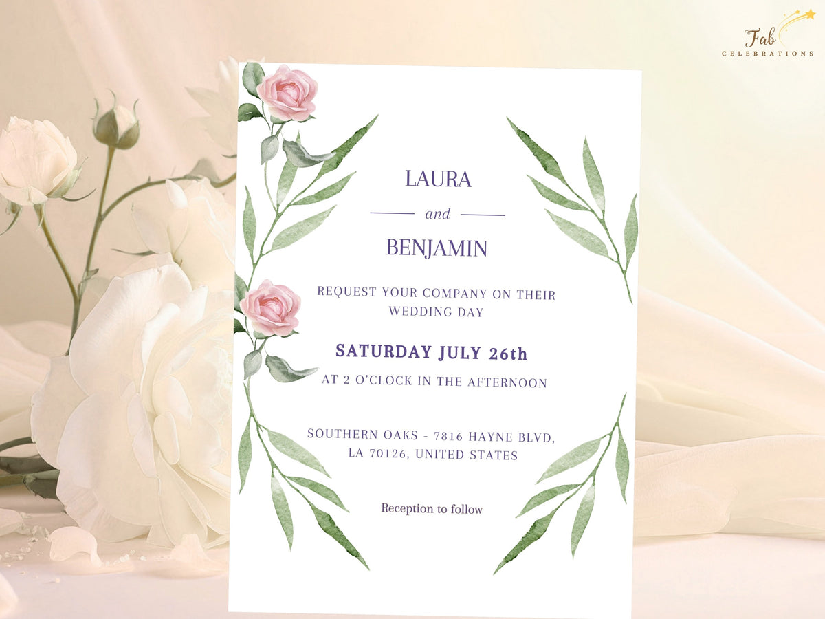 Wedding invitation front featuring watercolor-inspired blush pink roses, long green leafy branches and elegant purple typography with the couple's names, wedding date and ceremony information.