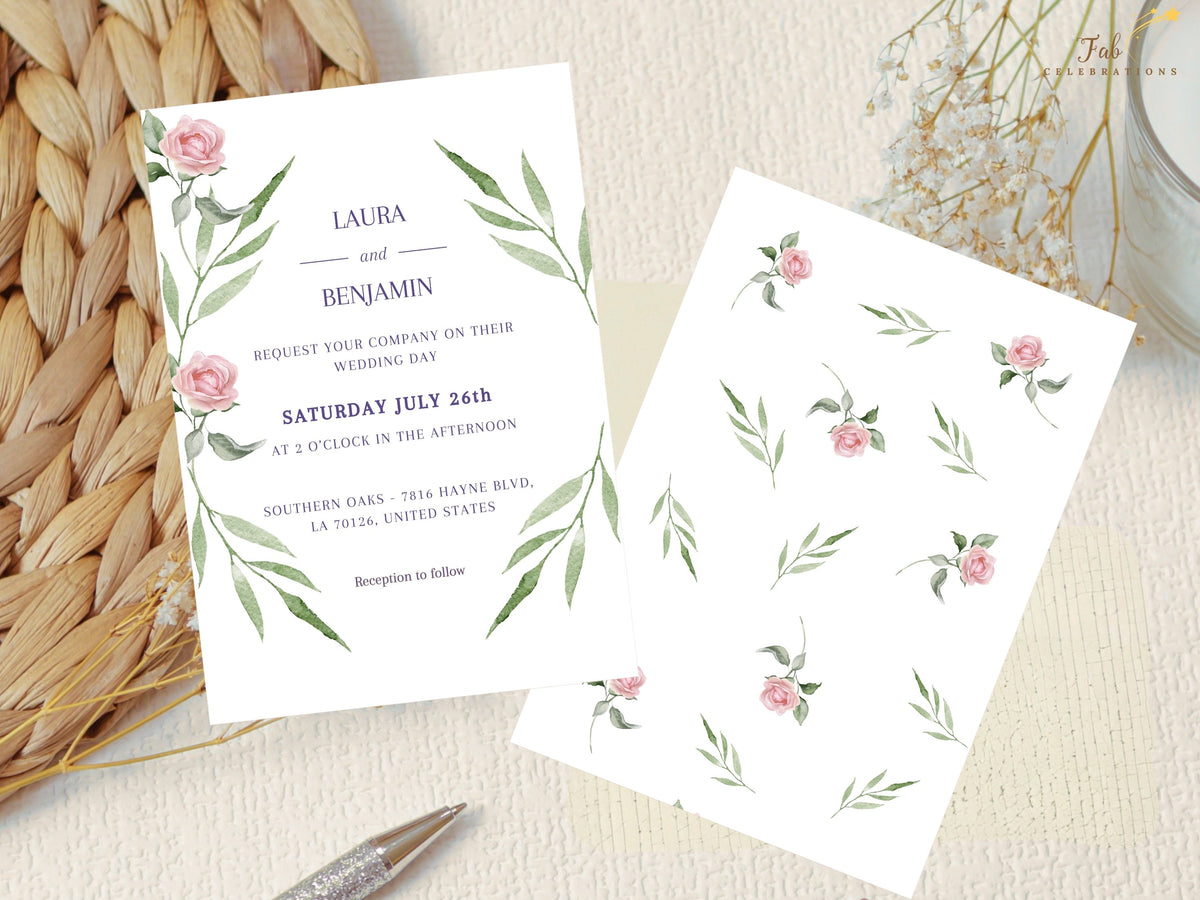 Wedding invitation front displayed beside the watercolor-inspired pink rose and green foliage elements used to create the coordinated romantic botanical design throughout this collection.