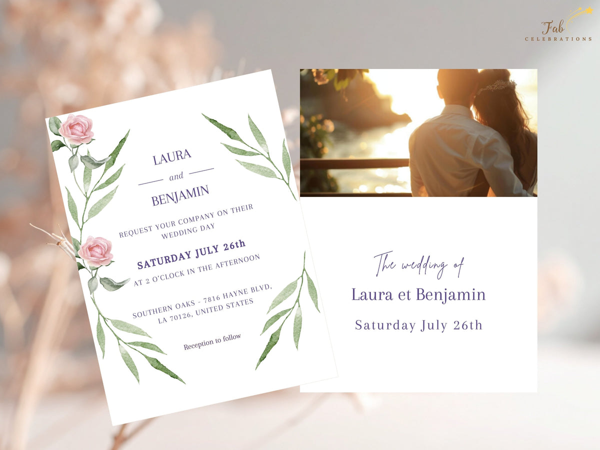 Wedding invitation front paired with a personalized photo back, combining watercolor-inspired pink roses and green foliage with elegant purple typography and a romantic couple photograph.