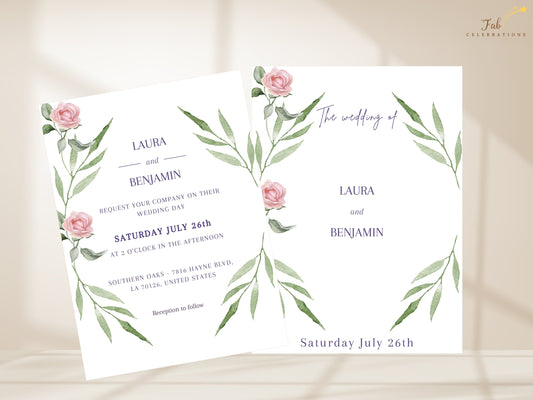 Elegant Pink Floral Wedding Invitation shown with its coordinated text back, featuring watercolor-inspired blush pink roses, graceful green foliage and refined purple wedding typography.