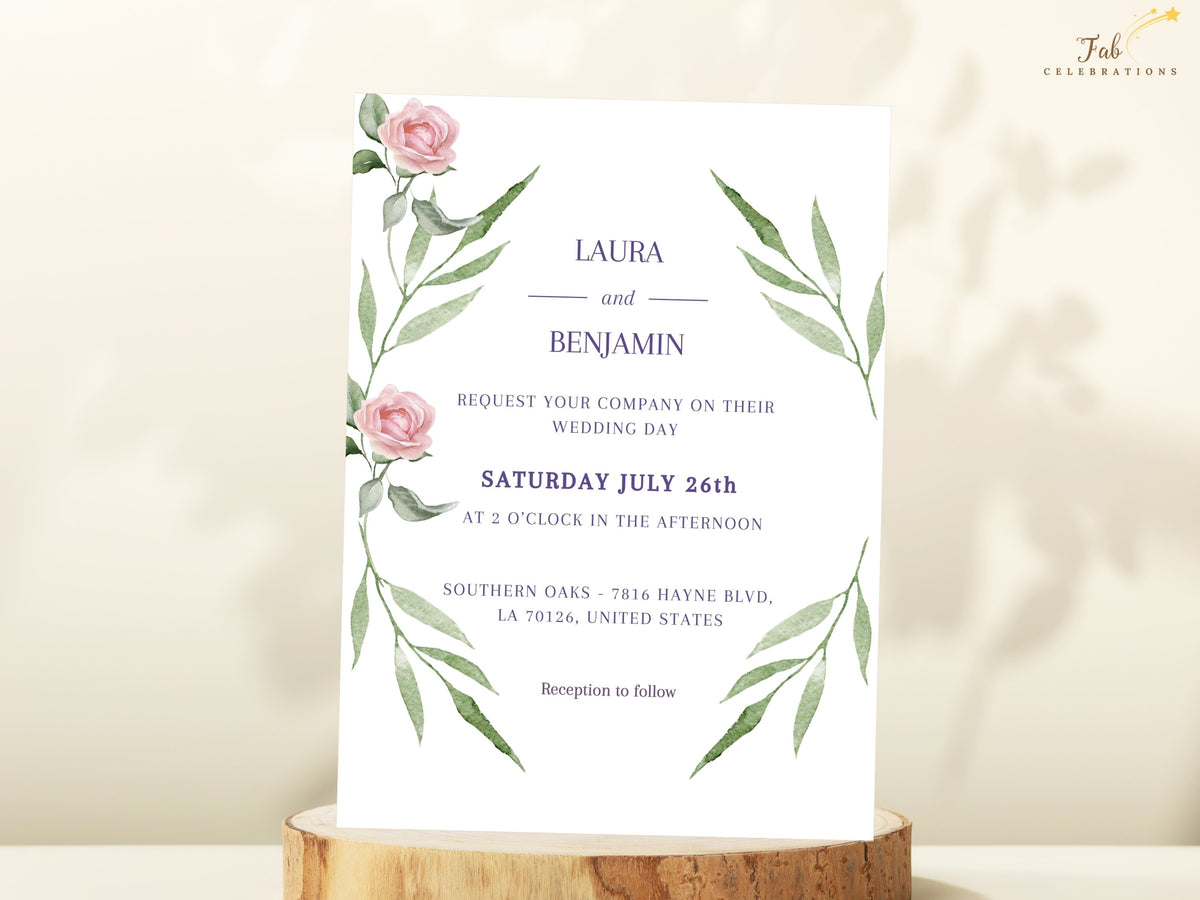 Wedding invitation front decorated with watercolor-inspired blush roses and delicate green foliage, presenting the couple's names, wedding date, ceremony venue and reception details in purple type.