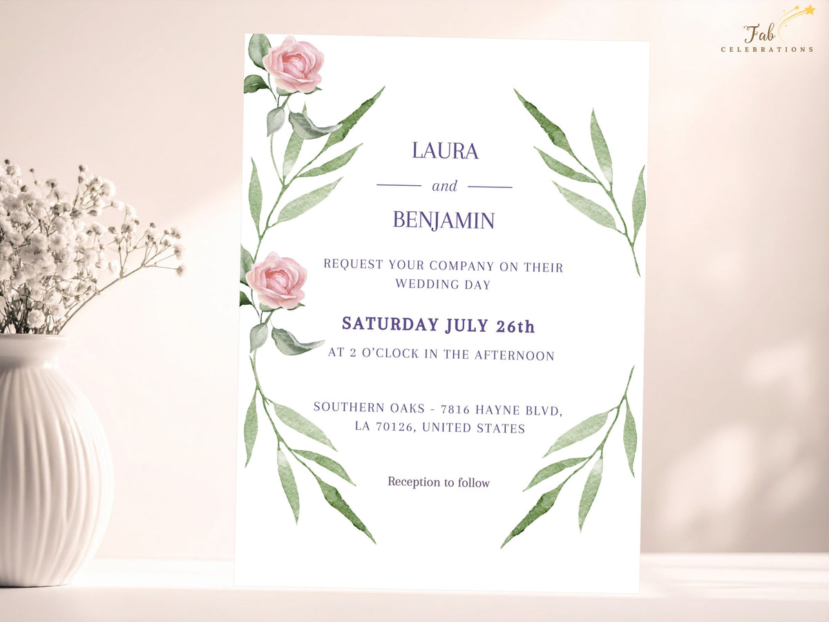 Wedding invitation front featuring soft watercolor-inspired pink roses, slender green leaves and elegant purple typography arranged around the couple's names and complete ceremony information.