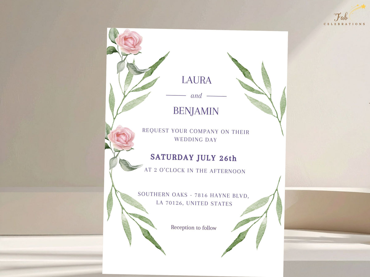 Wedding invitation front featuring watercolor-inspired pink roses and graceful green leaves around refined purple typography, with the couple's names, date, ceremony time and venue information.