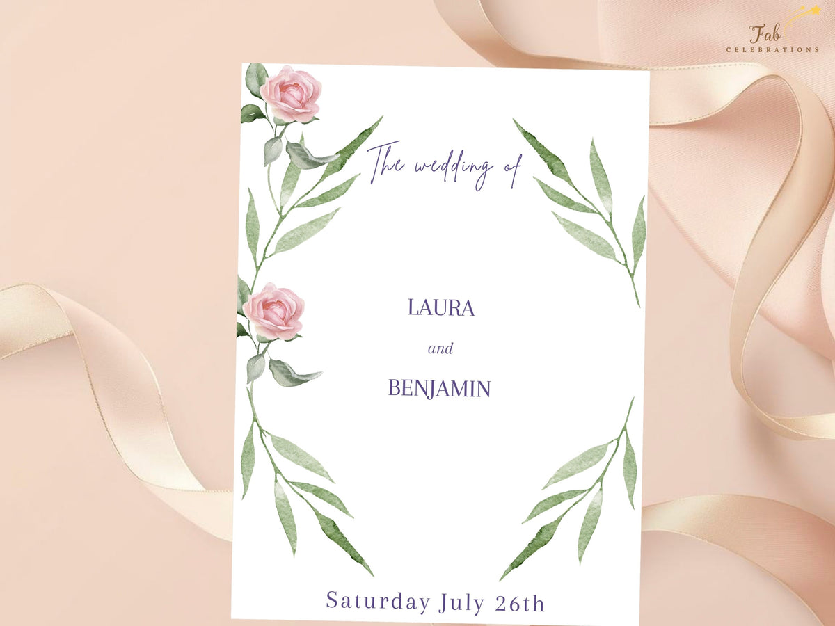 Wedding invitation front with watercolor-inspired pink roses and sweeping green botanical branches surrounding elegant purple typography for the names, date, venue and reception information.