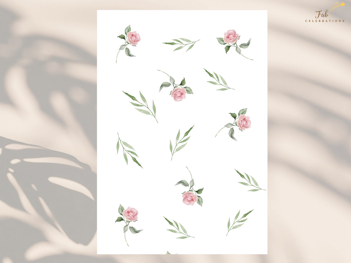 Floral design sheet displaying the watercolor-inspired blush pink roses, individual rose accents and loose green leafy sprigs used throughout the coordinated wedding stationery collection.